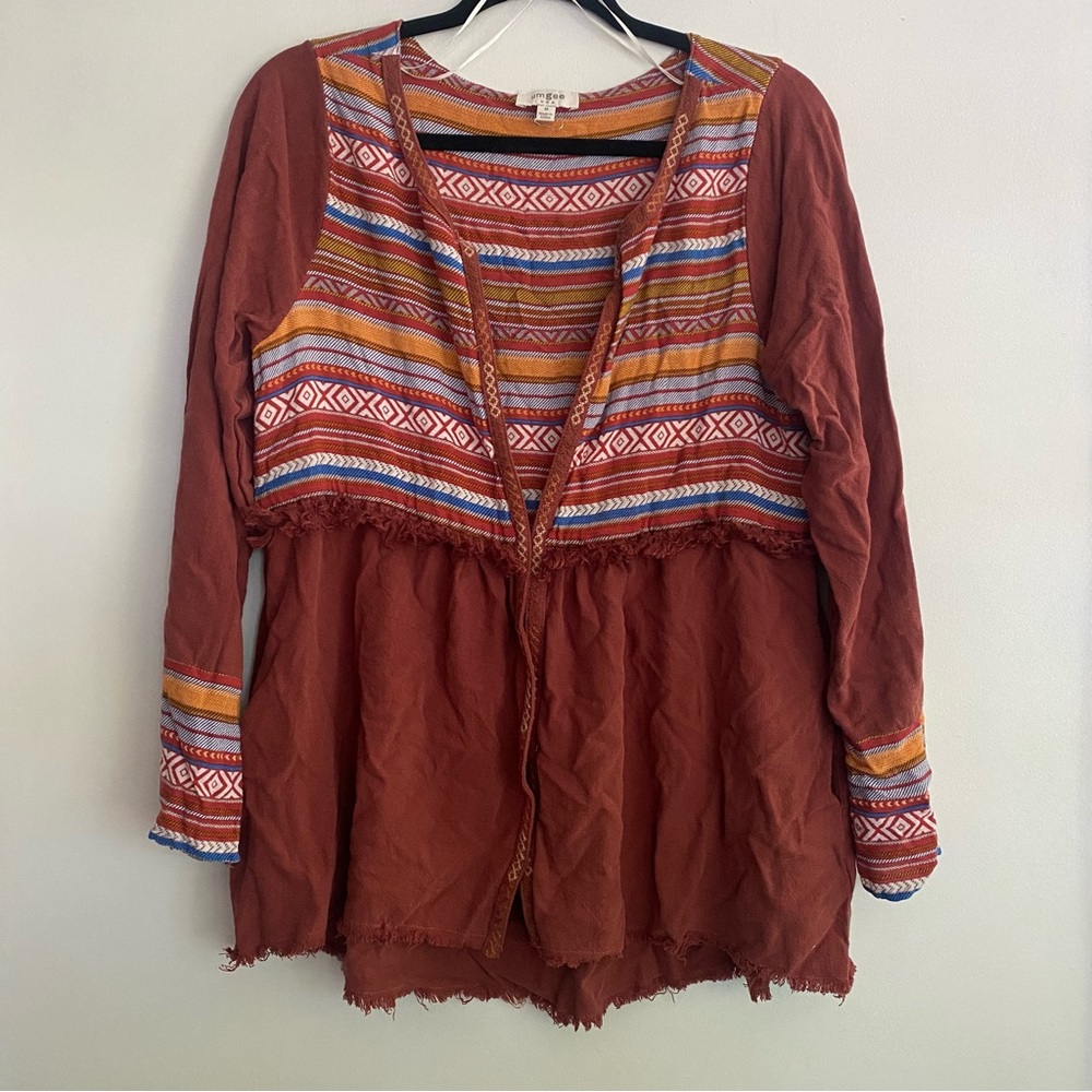 Umgee Sahara Cardigan Boho‎ Raw Hem Embroidered Fall Southwest Linen Blend Sz M